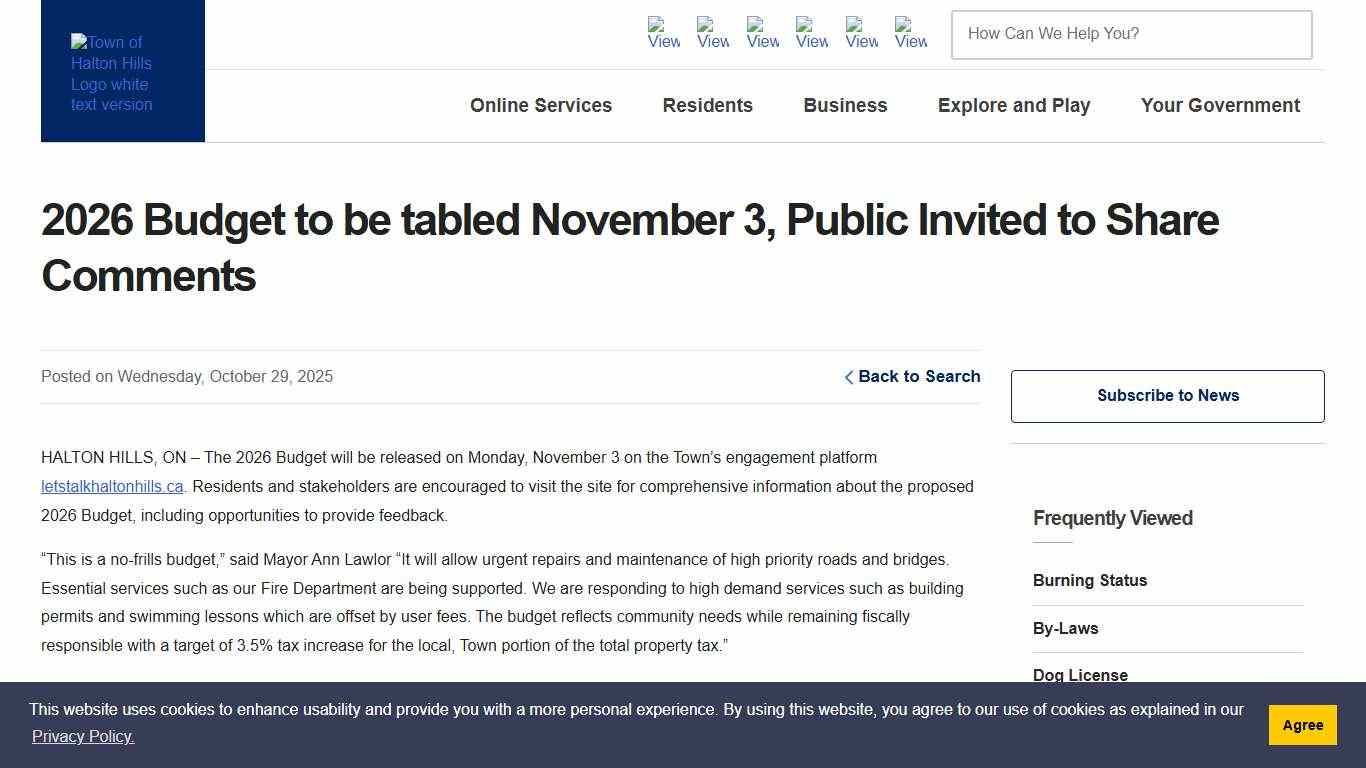 2026 Budget to be tabled November 3, Public Invited to Share Comments - Halton Hills